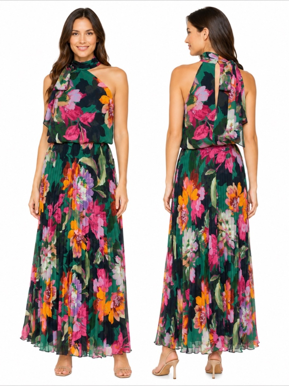 XSCAPE - Gia Floral Print Pleated Chiffon Halter Maxi Dress